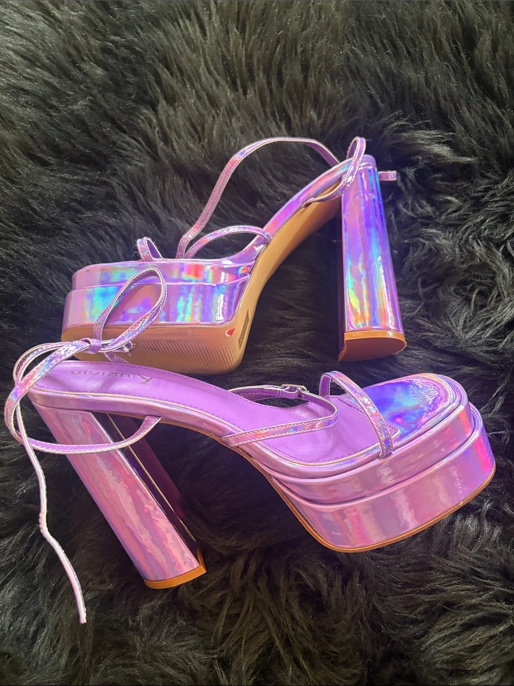 Holographic purple Platform Block Heel Sandals with Ankle Strap